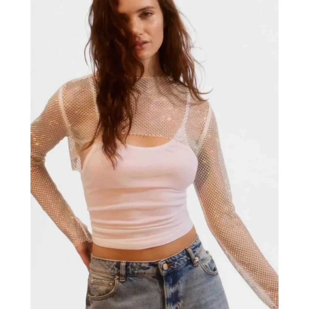 NWOT OS Free People Siren Mesh bolero top XS/S/M white cropped jewel shirt sheer